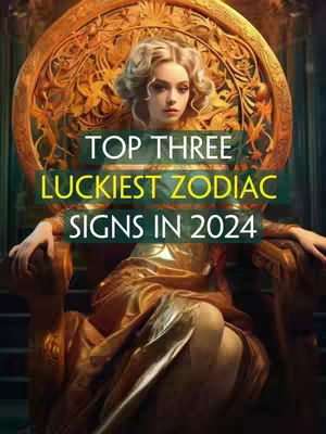 A vertical image featuring a woman seated on a ornate gold chair. The woman is fair-skinned with blonde hair and fair skin. The chair is ornate gold and has a high, rounded back. Overlaid on top of the image are the words 'TOP THREE LUCKIEST ZODIAC SIGNS IN 2024' in white letters, with the words in three rows. The backdrop is a dark green. The woman is looking straight at the viewer.