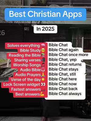 The image is a vertical composition with a dark background. In the center, there's a list on both sides, with text and icons in red and white. At the top, there is a blue banner reading 'Best Christian Apps' with white text. Below this is a smaller white box with the inscription 'In 2025' in black text. There's a person mostly obscured in the image, they appear to be standing. The overall tone is informative with a hint of futurism implied by the year.