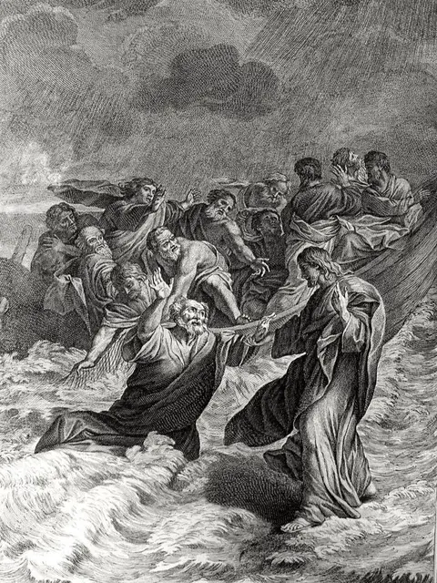 A black and white etching depicting a religious scene. Jesus, in a long robe, stands on the water, reaching out to a man kneeling in the water. Other figures in various garments and poses surround them, some in a boat in the background. The composition is dramatic, with a stormy sky and choppy water suggesting a moment of divine intervention. The style is detailed with strong contrast.