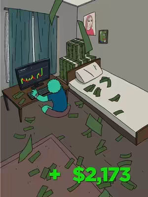 An illustrated room with a person sitting at a computer, surrounded by money. Green dollar bills are scattered on the floor and a bed, suggesting wealth and the concept of day trading. The room is realistically illustrated but has a cartoonish style.