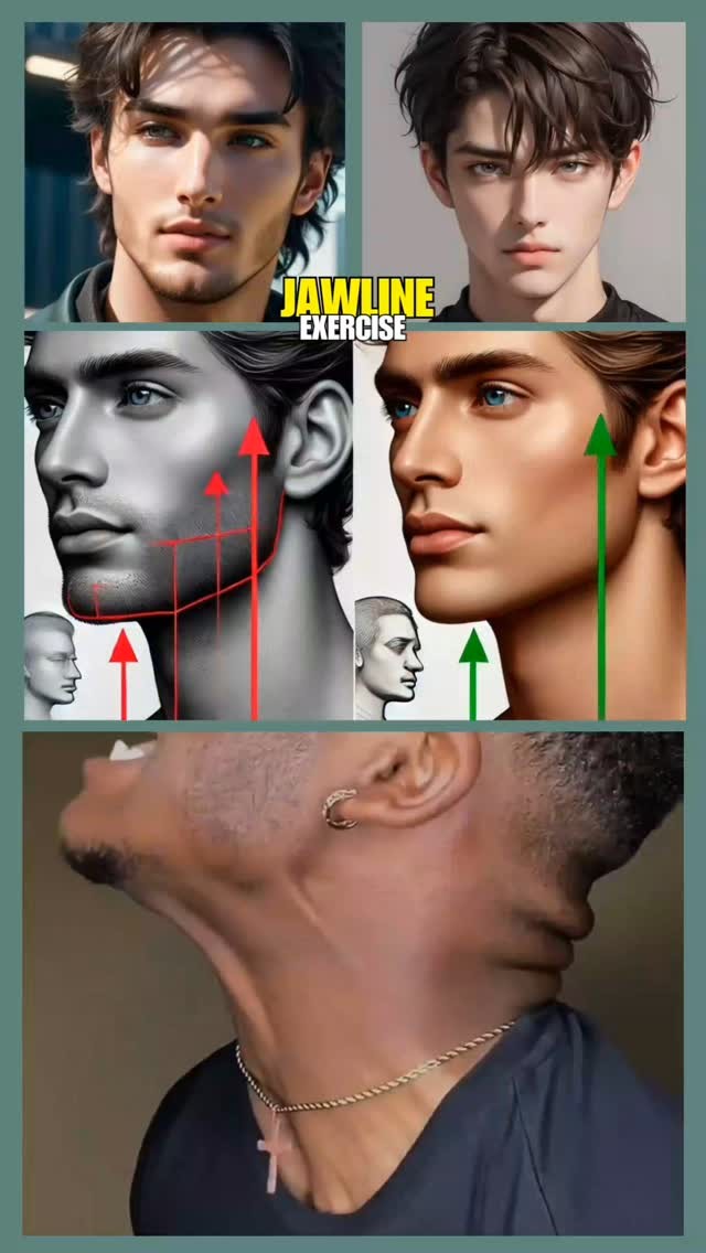 The image is a composite of several visuals focused on jawline definition and exercise. At the top, there are two rendered images of a man's face, one light-skinned and the other appearing AI-generated, showcasing ideal jawlines and facial features. Below, black and white diagrams with red arrows demonstrate how the jawline is used to highlight the jawline. Finally, a close-up color photo shows a man's features and neck from a side view.