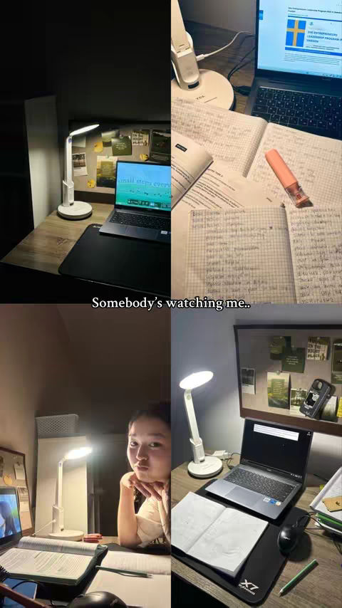 A split-screen image showing a study setup and a person studying. The setup includes a desk with a laptop, books, and a desk lamp. The person appears to be a young woman looking at the camera. The overall composition suggests a study or work environment.