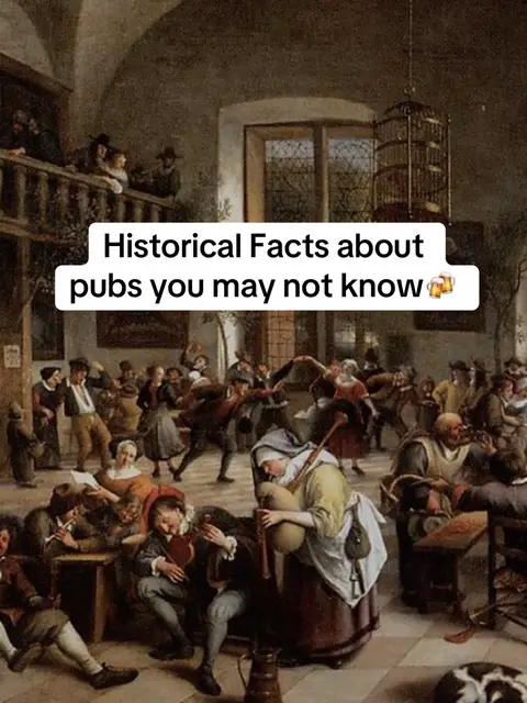 An illustration of an old pub scene with many figures dancing and interacting. The artwork uses a warm color palette, dominated by browns, yellows, and reds, creating a vintage and lively atmosphere. A text overlay reads 'Historical Facts about pubs you may not know' across the top.