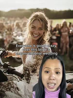 The cover image features a bride in a white wedding dress with a smiling selfie video cut-in, sitting on a motorcycle. Text overlayed reads "Everyone is going crazy over this bride's unconventional wedding." Behind the bride is a crowd of people, and the overall tone is celebratory and candid.