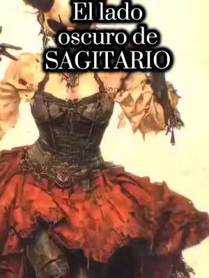 The image displays a woman in a gothic-inspired costume. She has pale skin and wears a black, ornate headpiece, suggesting a mask or elaborate hair design. Her outfit consists of a dark, form-fitting bodice and a long, layered red skirt with a textured appearance, potentially ruffled or torn. The text overlay reads "El lado oscuro de SAGITARIO", centered and in large white font with a black outline. The background has a golden hue.