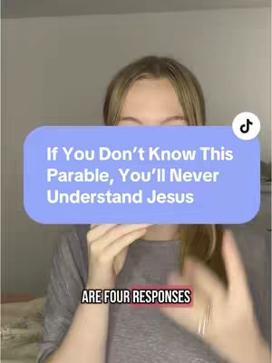 A woman with long blonde hair partially obscures her face. She's wearing a gray shirt. A light-blue rounded rectangle containing white text is superimposed over her face, and there's a smaller text in red below. The background is plain white and the format is a selfie style.