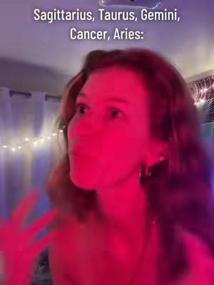 A woman with red lighting speaks, with text overlaying the top of the image mentioning astrological signs Sagittarius, Taurus, Gemini, Cancer, and Aries.