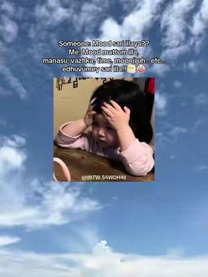 A square frame featuring a young child, appearing distressed with hands on their head against a sky background. The lower half is filled with a blue sky with fluffy white clouds, adding depth to the image.