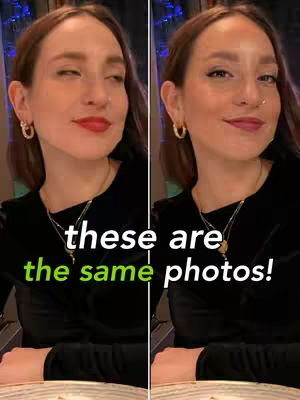 The cover image is a split screen, vertically divided, featuring two nearly identical portraits of a woman. She has light skin, brown hair, and is wearing a black top and a gold necklace. The left side shows her with a slightly squinted eye, while the right shows her with a relaxed expression. White text overlays the center with a highlighted word in green. Soft background lighting suggests an indoor setting.