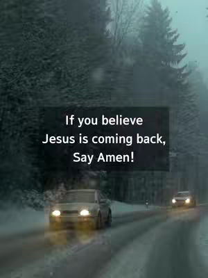 A muted, cinematic shot of a snowy road at dusk. Two cars with illuminated headlights drive towards the viewer, set against a backdrop of snow-covered trees. Overlay text in a central dark rectangle conveys a religious message about Jesus.