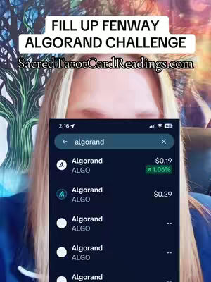 A selfie-style shot featuring a light-skinned person with blonde hair, holding a phone in front of their face. The phone screen displays a cryptocurrency app showing the price of Algorand. Over the person's head, overlaid text reads 'FILL UP FENWAY ALGORAND CHALLENGE' with a website address below.