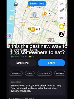A map interface with pins, search bar, and restaurant information overlaid. The bottom of the image displays app functionalities, and the top features map details. The background is a map with multiple streets, buildings, and points of interest.
