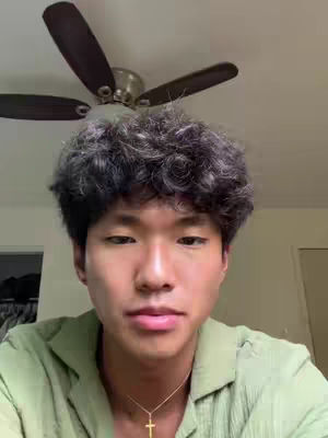 A vertical shot shows a young man from the chest up, looking towards the camera. He has short, dark, curly hair and is wearing a light green button-down shirt. A gold cross necklace is visible around his neck. In the background, a ceiling fan is slightly visible above him.