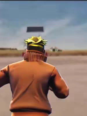 A character from the back, wearing a brown jacket and a yellow and black headpiece, runs towards the background under a slightly overcast sky.