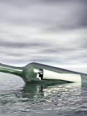 An artistic image shows a glass bottle with a message inside floating in water. The bottle is half-submerged, with the message visible through a cut-out section. The water has gentle ripples, and the background features a cloudy sky.