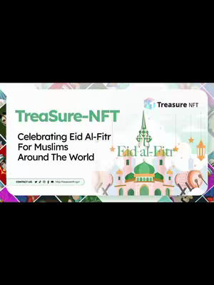 The cover image is a promotional graphic for Treasure-NFT, celebrating Eid Al-Fitr. It features a central design of a mosque with stylized minarets and a green dome, set against a background that appears to be a blend of festive colors and patterns, possibly including images of people and objects related to Eid. Text overlays include the company name and a message about Eid, with additional decorative elements like crescents and lanterns.