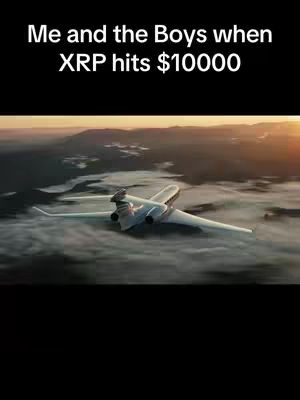A photo depicting a private jet soaring through the clouds during sunset, with overlayed text at the top that says "Me and the Boys when XRP hits $10000".