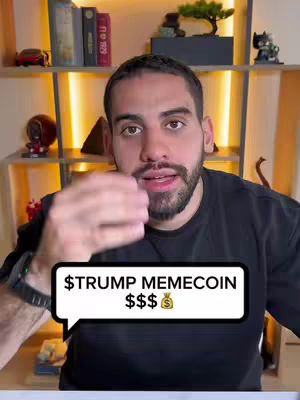 A man with a beard and dark hair stands in front of a shelf with decorations. There is a speech bubble overlay in the bottom center of the image with text and dollar sign icons.