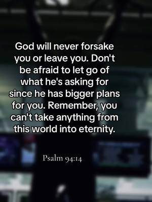 The image displays a blurred background with a text overlay. The text is white, centered, and includes a scripture from Psalm 94:14, offering a message of faith, encouragement, and divine support, with the words "God will never forsake you or leave you".
