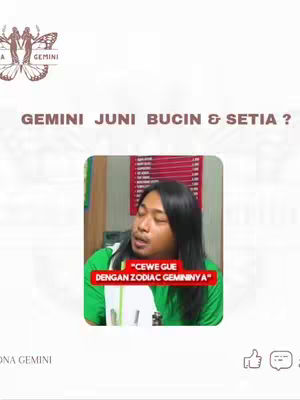 The cover image features a man with long black hair, set against a simple white background. Text overlays include 'GEMINI JUNI BUCIN & SETIA?' at the top in a brown font, and a quote bubble below the man's image that reads 'CEWE GUE DENGAN ZODIAC GEMININYA' with the text in a red box. The layout incorporates logos and social media UI elements like like and comment buttons.