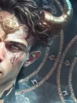 The focus is on the stylized face of a man with light skin, angled to the left. His hair is dark and wavy, adorned with golden horns on his head. The image incorporates elements of fantasy, with ornate gold details, especially around the horns and on the forehead. In the background, a blurred design with circular elements adds depth against a dark backdrop.