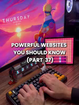 A desktop setup with a computer and keyboard. The background features an animated scene with a figure resembling Naruto. In the foreground, a keyboard is displayed with hands on it.