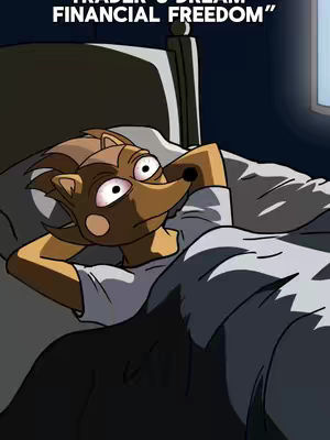 An animated illustration depicts a cartoon animal with a fox-like appearance lying in bed. The creature, with brown fur and large, wide eyes, appears to be staring intently. It is covered by a white sheet and a grey blanket. The background is dark, suggesting a nighttime setting, with a window visible on the right side. The overall mood is contemplative or dreamlike.
