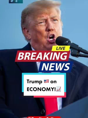 The image is a news-style graphic featuring Donald Trump speaking into a microphone. The background is a pale blue sky. Overlaid on the image is a red banner with the words "BREAKING NEWS" in white. A lower rectangular box contains text stating "Trump on ECONOMY!" with the American flag and an upward trending graph icon.
