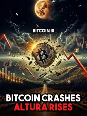 The cover image features a dramatic, digitally rendered scene depicting a Bitcoin-themed catastrophe. The background shows a stormy, dark sky with lightning strikes and a large, illuminated moon. In the foreground, a large Bitcoin symbol coin is breaking apart, with pieces flying outwards. Below, the text "BITCOIN CRASHES ALTURA RISES" is written in large, bold white and red text with a highway leading into the distance with mountains lining the sides.