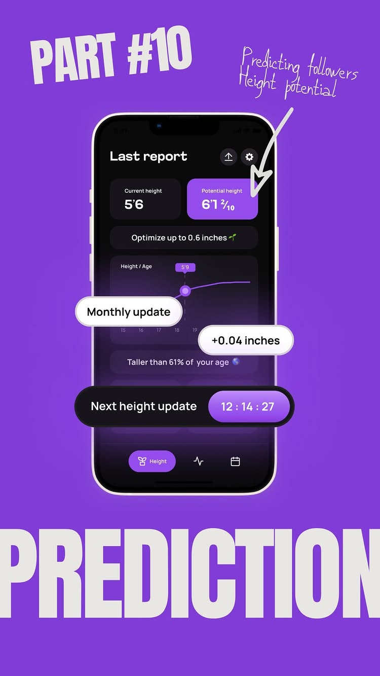 The cover image is a phone screen displaying a height prediction app with a purple background. The screen is black with white and purple text highlighting the current height, potential height, and other metrics. Text overlays with additional information. The lower portion of the screen shows the word 'PREDICTION' in large white text.