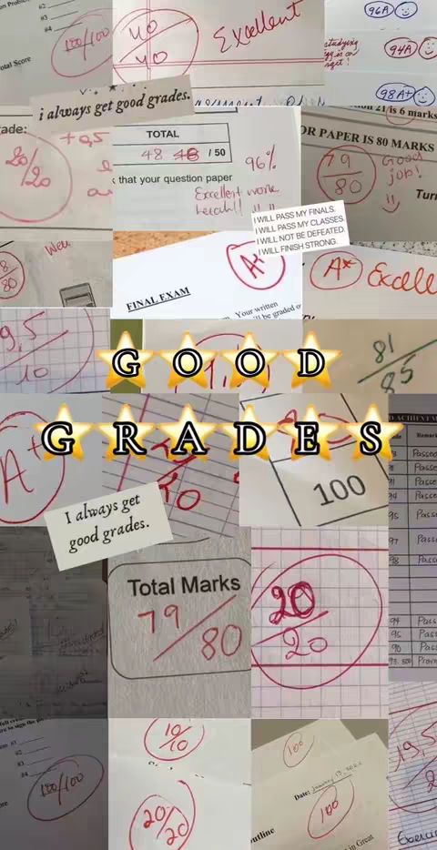 A collage of exam papers with high scores (marked with red pen), with text overlays of "GOOD GRADES" in a star-shaped font and several grades labeled "Excellent" is composed to convey a theme of academic success and motivation.