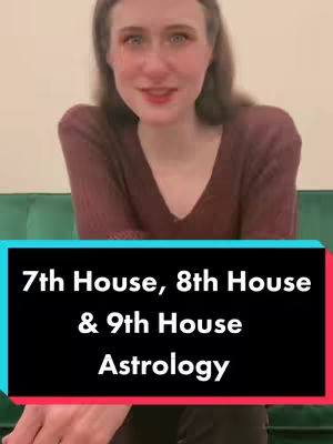 A woman with long brown hair is centered in this video. She is wearing a maroon sweater and a green couch can be seen behind her. Overlayed on the bottom half of the video is a black rectangle, that includes white text that reads: "7th House, 8th House & 9th House Astrology".