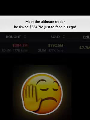 The image shows a dark background with text overlays and an emoji. The text overlay states: "Meet the ultimate trader he risked $384.7M just to feed his ego!" Below this is a financial data display showing "BOUGHT" and "SOLD" figures, with corresponding monetary values and a "PNL" (Profit and Loss) amount. At the bottom is a yellow emoji with a hand covering its face, conveying a sense of disappointment or disapproval.