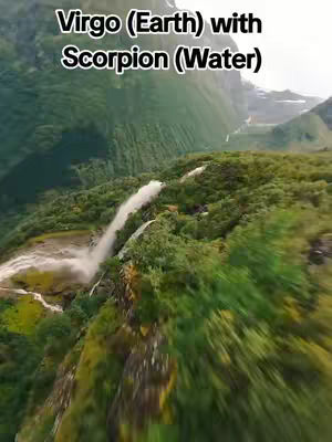 The image shows a lush, green mountainous landscape with a waterfall cascading down the side. Text overlays at the top, naming Virgo and its association with Earth element, and Scorpio with Water