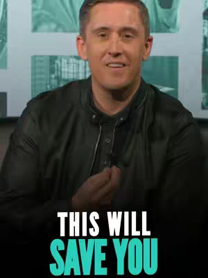 A man with short, dark hair and a black jacket looks at the camera and smiles. Beneath him, the text "THIS WILL SAVE YOU" is written in bold, white font with a teal underline.
