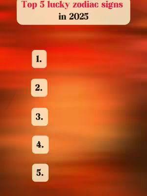 The cover image features a blurred, gradient background transitioning from red to orange. Overlaid on top, the text 'Top 5 lucky zodiac signs in 2025' appears within a light beige, rounded rectangle. Below this, numbered boxes from 1 to 5 indicate the ranking of zodiac signs, each in a white square.