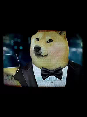 The cover image depicts the Doge meme, a Shiba Inu dog, dressed in a tuxedo, holding a glass of white wine, against a blurred background that is mostly dark with some indistinct city lights visible. The dog is centered in the frame, with a stylized bow tie and a sophisticated pose. The overall composition is humorous and meme-referential.