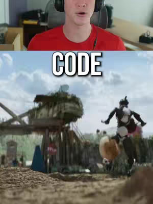 The image is split horizontally. The top is a selfie of a man with headphones, wearing a red shirt, set against a blurred background. The bottom half depicts a scene from a movie, with a blurred background and a figure running., and the word "CODE" in large bold font