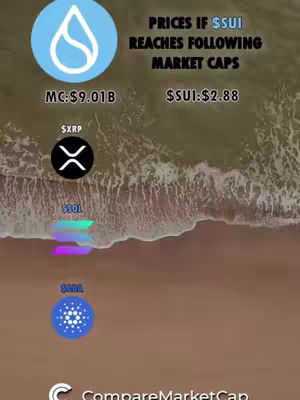 The image is a vertical graphic with a beach and ocean background. Overlaid on this are several informational elements. At the top left is a blue circle containing a white water drop symbol, with text beside it stating 'PRICES IF $SUI REACHES FOLLOWING MARKET CAPS.' Beside that is text that gives $SUI market cap, and below it the text displays MC:$9.01B and $SUI:$2.88. Below this, there are logos and symbols for several cryptocurrencies, including XRP, SOL, and ADA. At the bottom corner, the 'CompareMarketCap' logo is placed.