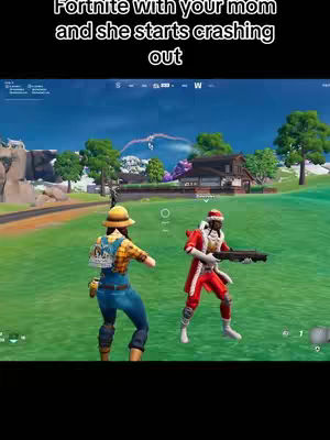 A scene from the game Fortnite featuring two player characters engaging in gameplay. The background shows a green field, trees, and a building. The text overlay reads "Fortnite with your mom and she starts crashing out".