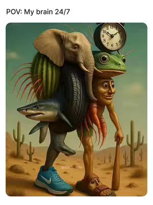 A surreal, AI-generated image depicting a figure constructed from various objects and animals, walking on a desert landscape, representing the theme of a person's thoughts. The composition is layered, featuring a base of a human body wearing a shoe and a teal shoe and a turquoise Nike sneaker. Above, a tire forms the core, with an elephant head and shark in front and a cactus-like structure. On top is a frog and an analog clock face. The background shows a desert scene with cacti and a light sky.