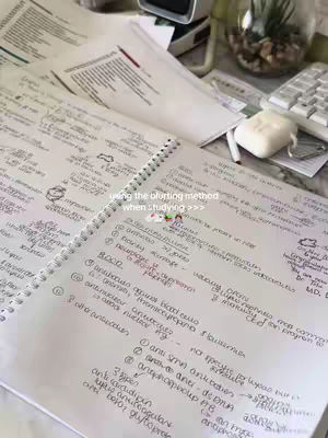 A workspace scene with a notebook taking focus, filled with handwriting and diagrams. Outlines of notes, additional documents and a keyboard add to the busy atmosphere.