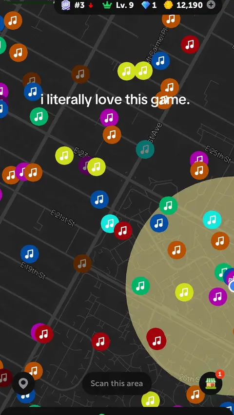 An app interface depicting a map with various music note icons overlaid. The map features street lines and names. A circular area highlights a segment of the map. The interface also shows game-like stats at the top and a 'Scan this area' button at the bottom, along with a shop icon.