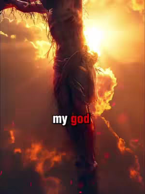 The image depicts the figure of Jesus on the cross, rendered in a dramatic, painterly style. The foreground shows the crucified figure with a focus on the torso, draped in cloth. The background is filled with a radiant, fiery light, suggesting a sunset or divine presence, with clouds and smoke adding to the intensity.