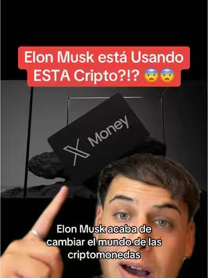 The cover image shows a man pointing to the screen, above him is a red banner stating "Elon Musk está usando ESTA Cripto?!?", there is a black card with the "X Money" logo. The man has fair skin, short brown hair, and a ring on one finger. The card is positioned over a dark, abstract background.