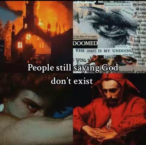 A collage-style image with four quadrants. The top-left shows a building on fire. The top-right is a detailed sketch of an eye and text. The bottom-left features a close-up of a person with a piercing gaze. The bottom-right shows a person in a red costume. White text overlays the image. 