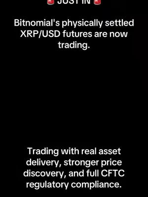 A stark black background with white text. At the top, there are two emojis. The main text announces Bitnomial's XRP/USD futures trading, then goes on to highlight features like real asset delivery and regulatory compliance.