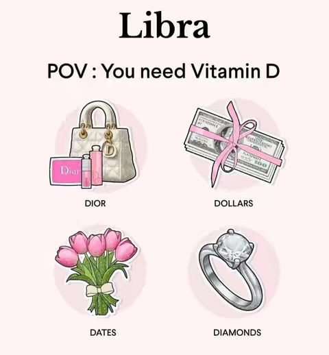 The cover image is a light pink background with a stylized illustration featuring four distinct elements, each within a circular outline. At the top, the word "Libra" is inscribed in a bold, black font along with the phrase "POV: You need Vitamin D". The first element is a Dior purse, a Dior box, and two Dior perfume bottles; the text "DIOR" is underneath it. The second element is a stack of hundred-dollar bills tied with a pink ribbon with the text "DOLLARS" underneath. The third element is a bouquet of pink tulips, with the text "DATES". The last element is a diamond ring, with the text "DIAMONDS" at the bottom.