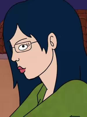 A cartoon image featuring a woman with dark blue hair, glasses, and a green shirt. She is shown in profile, looking towards the left. The background is blurred, possibly indicating an interior setting.