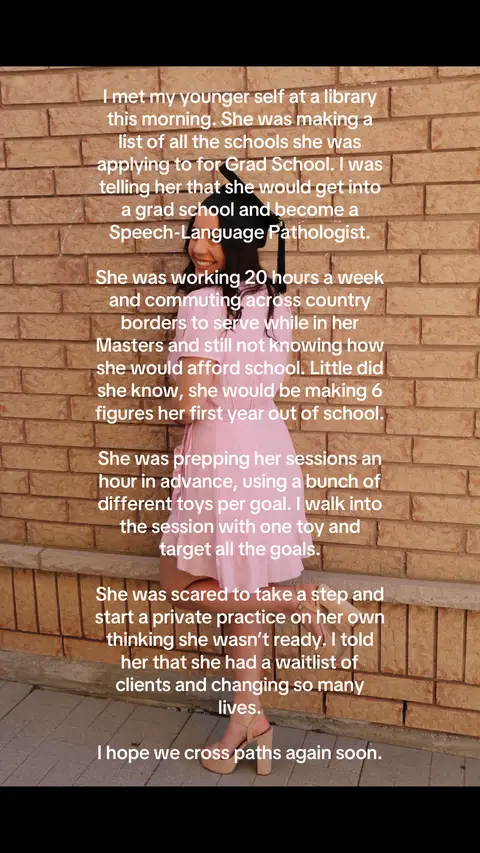The cover image is a vertical shot showcasing a woman in a pink dress and heels standing next to a textured brick wall. She is wearing a graduation cap. Text is overlaid, describing a personal story about her journey to becoming a Speech-Language Pathologist.